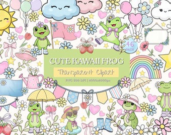 Paquete de imágenes prediseñadas de ranas kawaii adorables en formato PNG con ranas en tonos pastel, decoración estilo cottagecore para guarderías y diseños para baby showers, uso comercial, descarga digital.