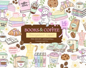 Paquete de imágenes prediseñadas para amantes de los libros, conjunto PNG para amantes del café, gráficos acogedores para lectoras, estética de libro femenina y coqueta, uso comercial, descarga digital.