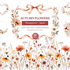 Può includere: Una collezione digitale di fiori autunnali ad acquerello con una cornice centrale a nastro con il testo AUTUMN FLOWERS, TRANSPARENT CLIPART, PNG 300 DPI | 4000x4000px, Commercial Use, 41 PACK, circondata da ghirlande floreali, bouquet e bordi.