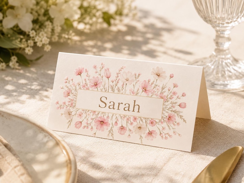 May include: A folded white place card featuring a central rectangular box with the name Sarah printed in gold lettering, surrounded by a delicate watercolor illustration of pink and white wildflowers and green foliage on the front panel.