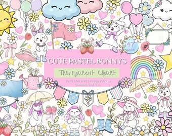 Paquete PNG de conejito pastel adorable con gráficos florales de arcoíris para guardería, conjunto de imágenes prediseñadas de conejos kawaii en acuarela para baby shower, uso comercial.