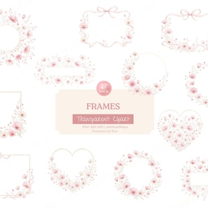 May include: A collection of digital frames decorated with watercolor pink flowers and greenery. The set includes circular, rectangular, and heart-shaped designs. Text in the center reads: 27 PACK FRAMES Transparent Clipart PNG 300 DPI | 4000x4000px Commercial Use.