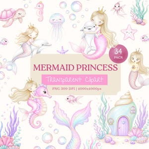 Può includere: Una collezione digitale di 34 illustrazioni di sirene principesse con capelli biondi, code rosa e corone, accompagnate da delfini, cavallucci marini, una tartaruga, una casa a conchiglia, stelle marine e bolle. Il testo recita MERMAID PRINCESS.