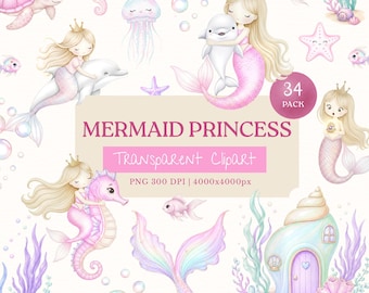 Conjunto de imágenes prediseñadas de la linda princesa sirena, La Sirenita PNG, Bajo el mar, Colas de sirena, Caballito de mar, Delfín, Concha marina, Estrella de mar, Uso comercial