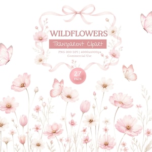 Könnte beinhalten: Eine digitale Sammlung von Aquarellillustrationen mit zartrosa Wildblumen und Schmetterlingen. Der Text lautet WILDFLOWERS, Transparent Clipart, PNG 300 DPI | 4000x4000px, Commercial Use und 27 PACK. Das Design enthält einen Rahmen aus Schleifenband.