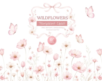 Conjunto de bordes florales en tonos pastel de acuarela, bordes y marcos de flores silvestres con mariposas, imágenes prediseñadas de flores silvestres en acuarela, PNG de flor de pradera rosa