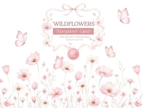 Watercolor Blush Floral Border Set, Wildflowers Borders & Frames with Butterflies, Watercolor Wild Flowers Clipart, Pink Meadow Flower PNG