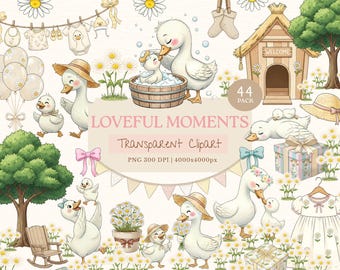 Conjunto de imágenes prediseñadas de patitos y gansos bebés "Momentos de Amor" – Una dulce colección de jardín de margaritas primaverales para guardería, baby shower y uso comercial.