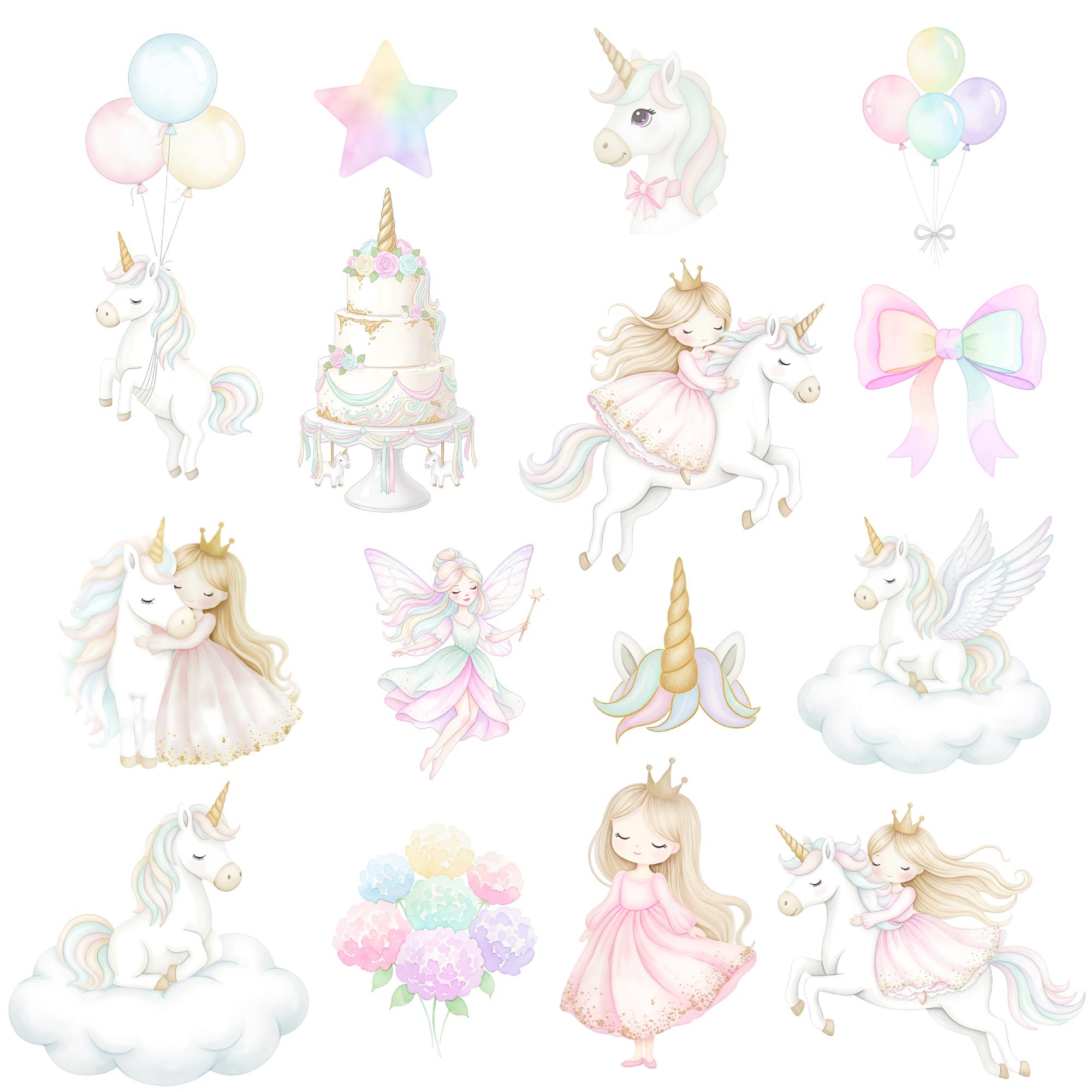 Pastel Watercolor Unicorn Princess Clipart Set, Cute Unicorns ...