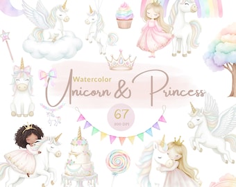 Conjunto de imágenes prediseñadas de princesas unicornio en acuarela pastel, lindos unicornios y paquete de princesas, decoración de cumpleaños infantil de cuento de hadas, descarga digital, 67 PNG