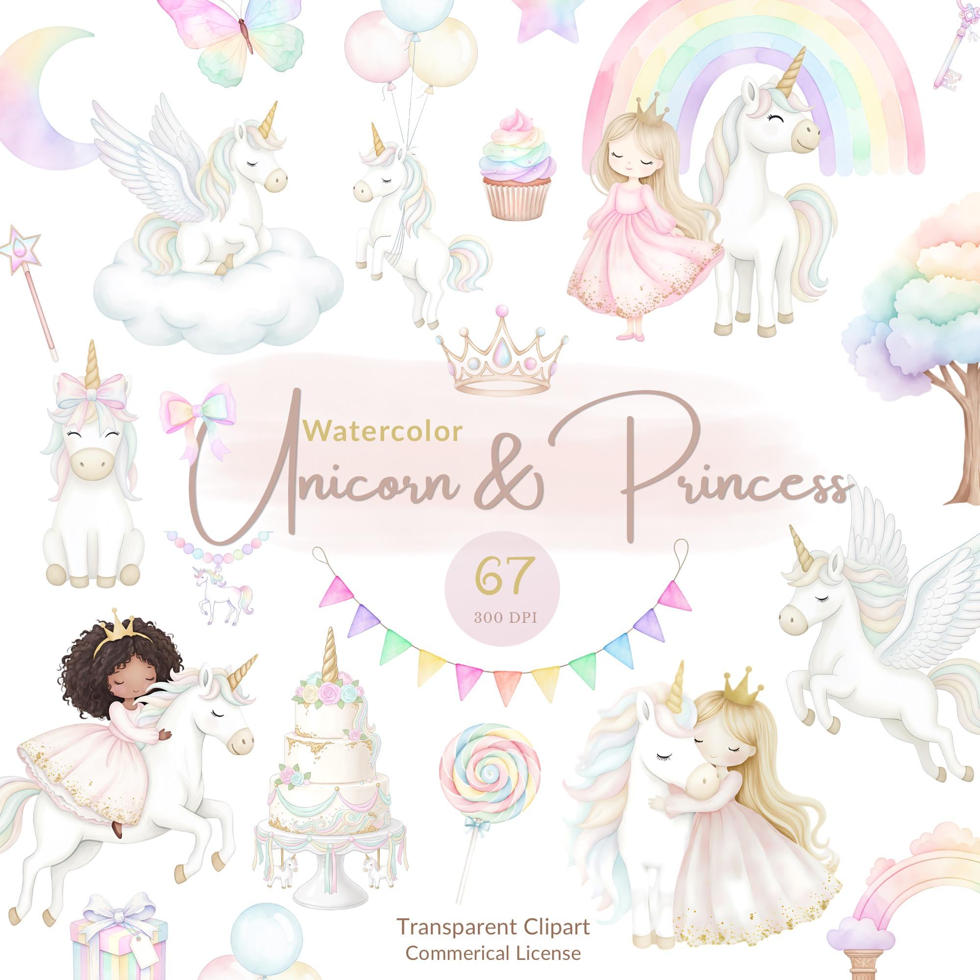 Pastel Watercolor Unicorn Princess Clipart Set, Cute Unicorns ...