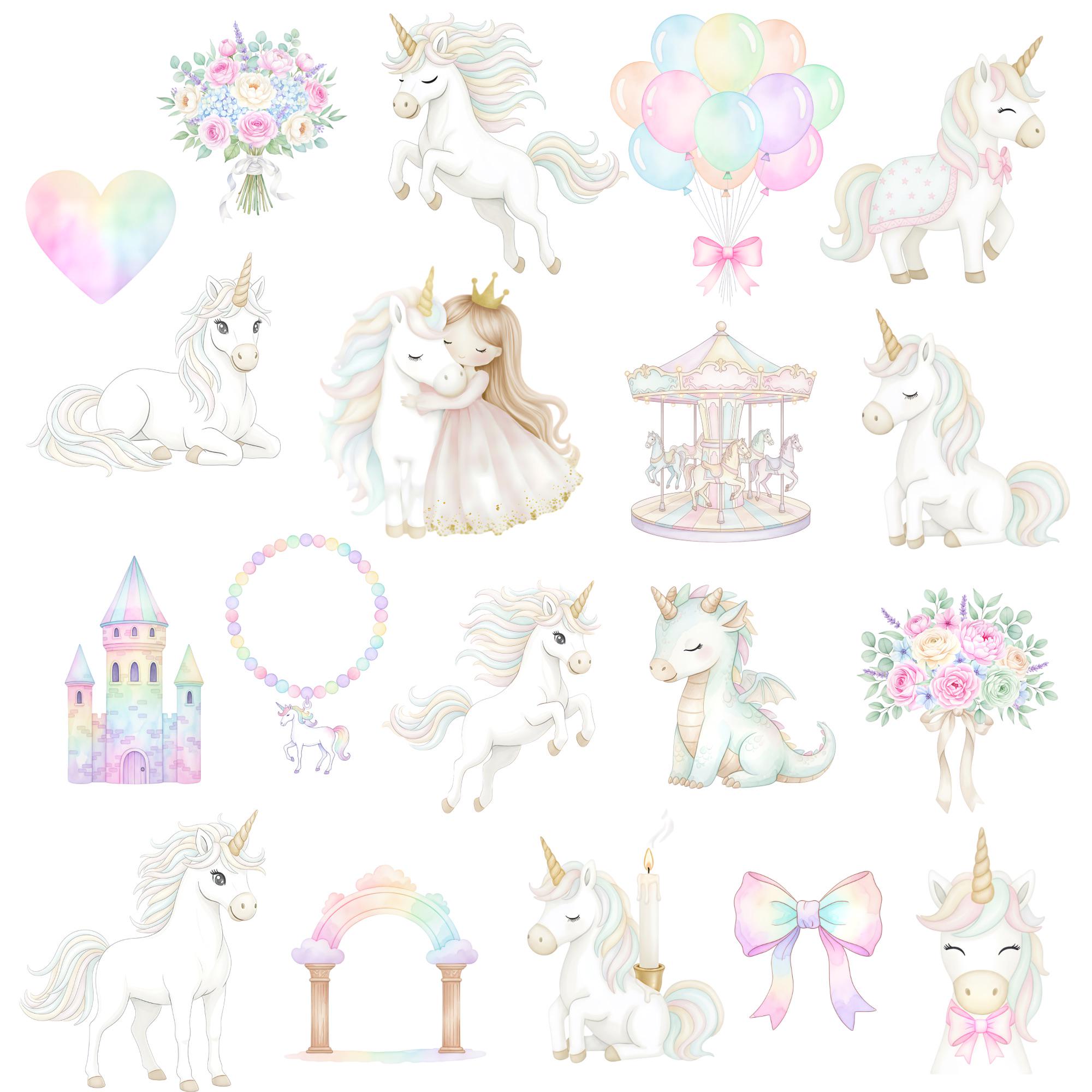 Pastel Watercolor Unicorn Princess Clipart Set, Cute Unicorns ...
