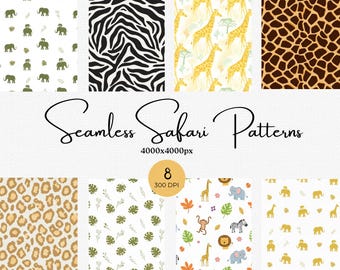 Conjunto de patrones de safari sin costuras: patrones de safari para bebés, estampados de animales, patrones de la jungla, jirafa, cebra, leopardo - 8 PNG, 4000x4000px, 300 DPI