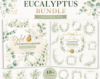 Paquete de imágenes prediseñadas de follaje de eucalipto dorado en acuarela, marcos botánicos, coronas, conjunto PNG para invitaciones de boda, uso comercial, producto digital.