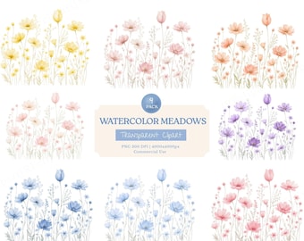9 imágenes prediseñadas PNG de pradera de flores silvestres en tonos pastel, bordes florales en acuarela, praderas de flores imprimibles, diario creativo, manualidades con papel, descarga digital