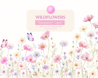Watercolor Blush Floral Border Set, Wildflowers Borders and Frames with Butterflies, Watercolor Wild Flowers Clipart, Meadow Flowers, 25 PNG