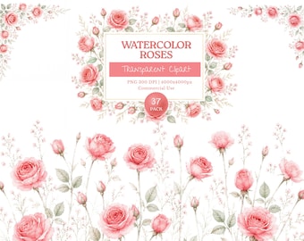 Imágenes prediseñadas florales de rosas color rubor en acuarela, conjunto de bordes y marcos de flores silvestres, flores botánicas de pradera PNG, rosas para sublimación, descarga digital.