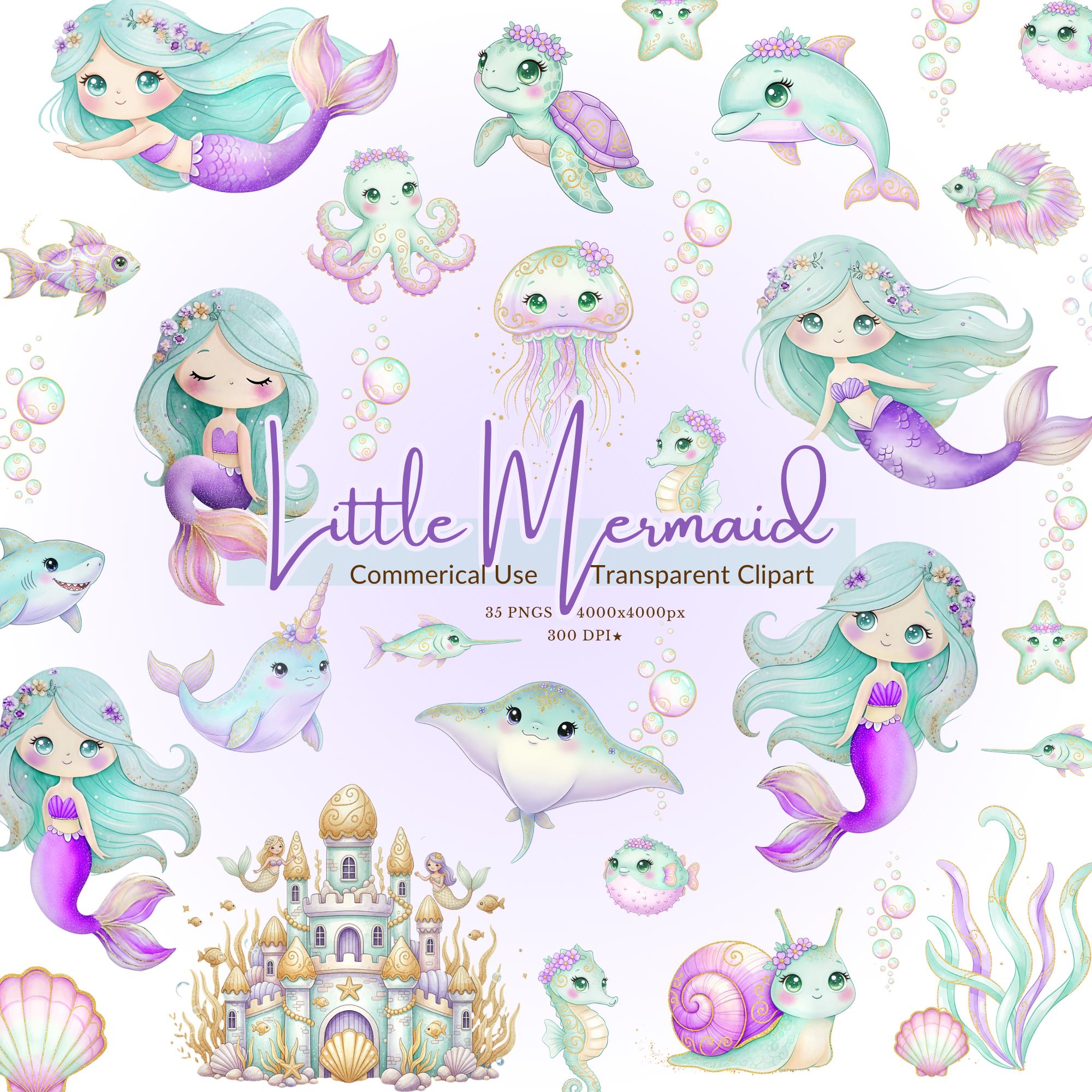 Little Mermaid Clipart Set PNG, Pastel Watercolor Ocean Animals, Cute ...