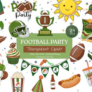 Può includere: Una collezione di elementi di clipart a tema calcio, tra cui un pallone da football, un casco, pantaloncini e articoli per feste. L'immagine presenta il testo "Football Party" e "Pool Party". La tavolozza dei colori include verde, marrone e bianco.