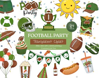 Paquete de imágenes prediseñadas para fiestas de fútbol, conjunto de imágenes prediseñadas PNG para fiestas de cumpleaños en piscinas deportivas, gráficos para fiestas previas al partido, decoraciones para el día del partido, descarga para uso comercial.
