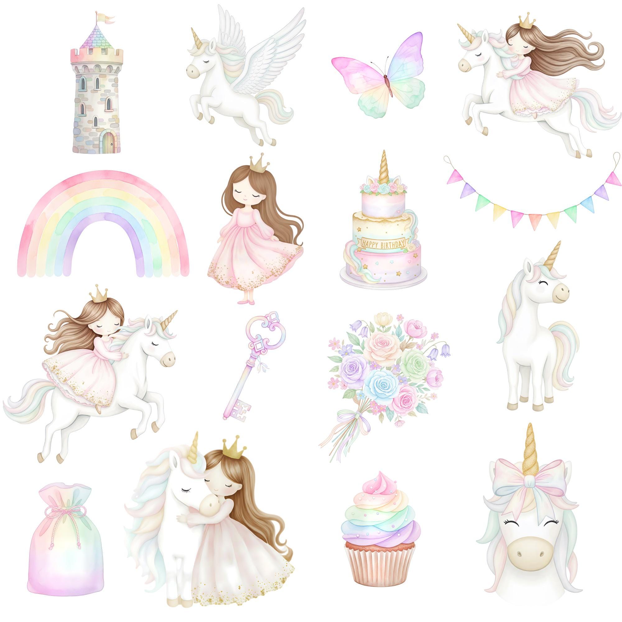 Pastel Watercolor Unicorn Princess Clipart Set, Cute Unicorns ...