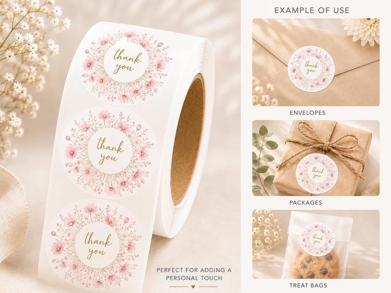 May include: A roll of circular white stickers featuring a pink floral wreath design and the text thank you in gold script. The stickers are shown applied to a brown envelope, a wrapped package with twine, and a clear treat bag with a cookie.