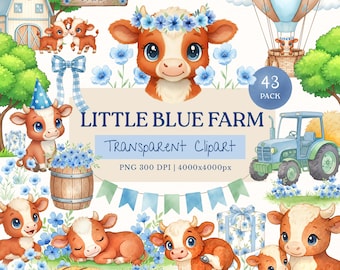 Paquete de imágenes prediseñadas de Little Blue Farm con adorables vacas bebés: animales de granja en acuarela PNG, perfectos para guarderías y diseño DIY, uso comercial.