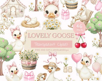 Conjunto de imágenes prediseñadas de acuarela de gansos adorables estilo cottagecore, baby shower rosa, decoración de cumpleaños para niña, paquete de gansos graciosos estilo boho, descarga digital PNG.
