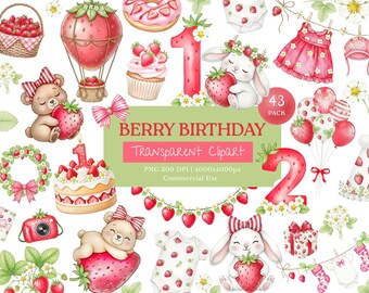 Primer cumpleaños de fresa / PNG transparente / Imágenes prediseñadas de fresas / Baby shower de fresas PNG / Fresas / Niña fresa / 43 PNG