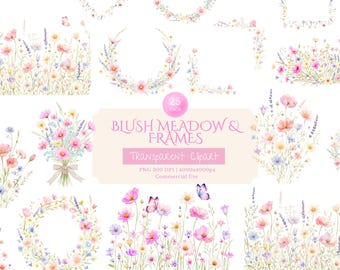 Imágenes prediseñadas de acuarela de pradera rosada, conjunto botánico romántico de flores silvestres, flores de estilo cottagecore en tonos pastel suaves, elementos PNG de diseño de boda femenino