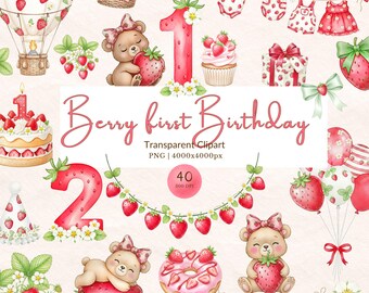 Conjunto de imágenes prediseñadas PNG de Sweet One Berry Birthday, Baby Shower de fresas y primer cumpleaños de niña, Decoraciones para fiesta de bayas, Imágenes prediseñadas de osito de peluche para guardería
