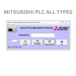 Könnte beinhalten: Ein Screenshot einer Softwareoberfläche zum Entsperren der Mitsubishi PLC FX-Serie. Die Oberfläche hat einen hellvioletten Hintergrund mit dem Text "Unlock PLC Mitsubishi FX Series". Zu den Schaltflächen gehören "Connect", "Keyword FX" und "Exit".
