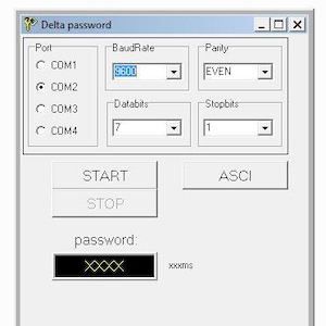 Könnte beinhalten: Ein Screenshot einer Software-Oberfläche mit dem Titel "Delta password". Die Oberfläche enthält Felder für die Portauswahl, die Baudrate (9600), die Parität, die Datenbits (7) und die Stoppbits (1). Schaltflächen mit der Bezeichnung "START", "STOP" und "ASCI" sind ebenfalls sichtbar, zusammen mit einem Passwortfeld.