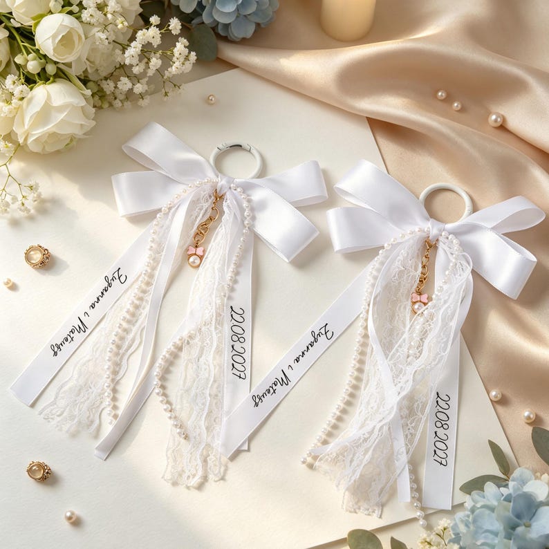 May include: Two white satin ribbon bows attached to circular rings, featuring hanging strands of white lace, pearl strings, and a small gold-tone charm with a pink bow. The ribbons are printed with the text Zuzanna i Mateusz and 22.08.2027.