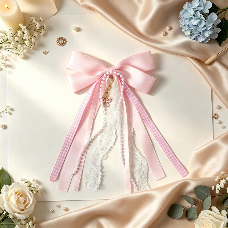 May include: A large light pink satin bow featuring long, dangling ribbons in solid pink, pink and white gingham, and white lace. The center is adorned with a string of white faux pearls and a small gold-toned metal bow charm hanging from a chain.