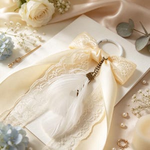 May include: A cream-colored satin ribbon bow with intricate lace trim attached to a white circular ring. A bronze-toned metal chain hangs from the center of the bow, featuring two soft white feathers attached with a decorative metal cap.