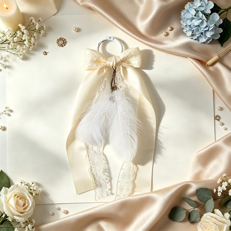 May include: A decorative accessory featuring a cream-colored satin ribbon bow attached to a white circular ring. Two soft white feathers hang from a small bronze-toned chain suspended from the center of the bow, accompanied by delicate lace trim.