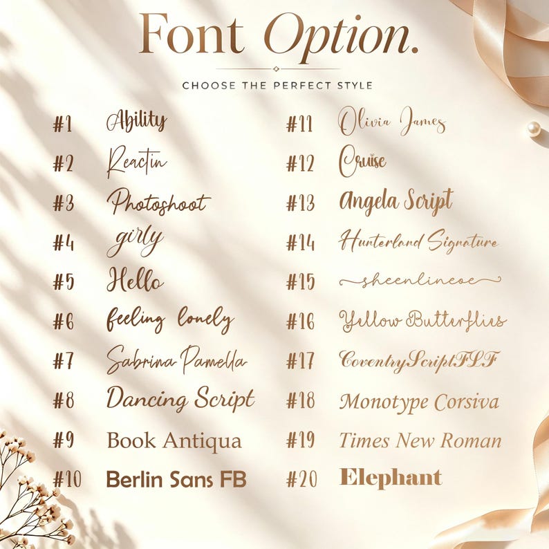 May include: A font selection chart featuring twenty numbered styles in dark brown text on a light background. The list includes options such as Ability, Reactin, Photoshoot, girly, Hello, feeling lonely, Sabrina Pamella, Dancing Script, Book Antiqua, Berlin Sans FB, Olivia James, Cruise, Angela Script, Hunterland Signature, sheenlinese, Yellow Butterflies, CoventryScriptFLF, Monotype Corsiva, Times New Roman, and Elephant.