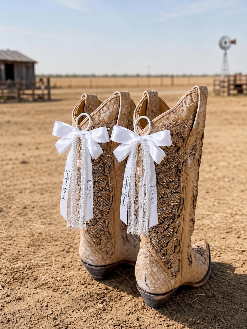 May include: A pair of tan leather cowboy boots featuring intricate embroidery and rhinestone embellishments. Each boot is adorned with a white satin ribbon bow, white lace trim, a small pearl bead, and a tag printed with Christine & Daniel 10.09.07.