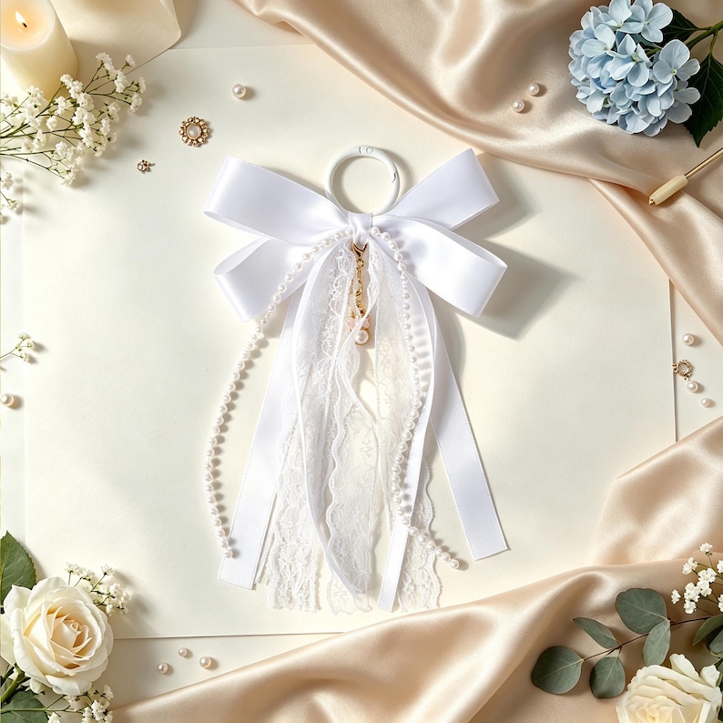 May include: A white satin ribbon bow attached to a circular ring, featuring cascading white lace strips and two long strands of small white faux pearls. A small gold-toned metal charm hangs from the center of the bow, adding a subtle metallic detail.
