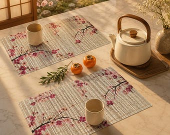 Japanese Cherry Blossom Linen Placemats, Bamboo Dining Table Decor Set