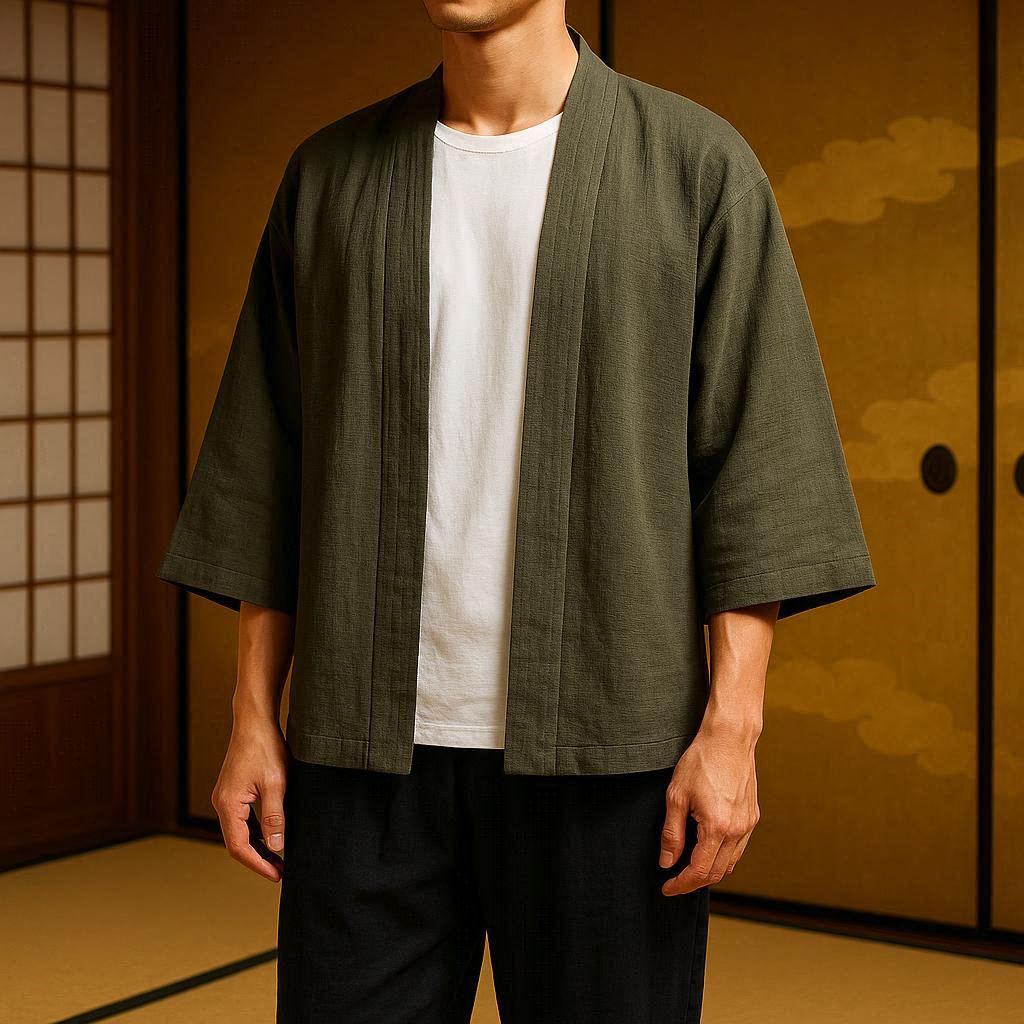 着物風和柄幾何学模様のブラウンカーディガン RomelCheo 和柄ニット 
