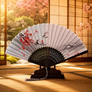 May include: A folding hand fan with a white fabric surface featuring a red cherry blossom branch and two small birds. The fan has a black, intricate, laser-cut frame and is mounted on a dark wooden stand with a decorative grey tassel hanging below.