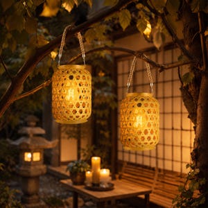 Op de afbeelding: Twee verlichte, cilindrische lantaarns met geweven bamboe buitenkant hangen aan een tak. Elke lantaarn heeft een touw handvat en een warme gloed. De achtergrond toont een Japanse tuin met een stenen lantaarn en een houten tafel.