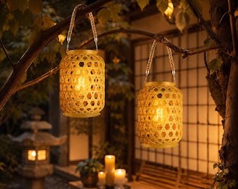 Japanese Bamboo Rattan Lantern, Wabi Sabi Outdoor Hanging Light, Solar Garden Lamp