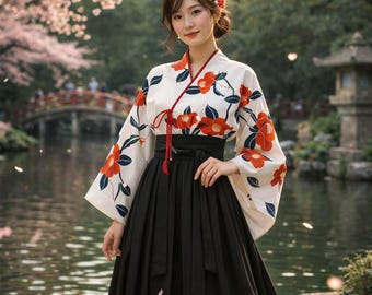 May include: A woman in a traditional Japanese kimono and hakama. The kimono is white with a floral pattern in red and blue. The hakama is black. The background features a bridge, water, and trees.