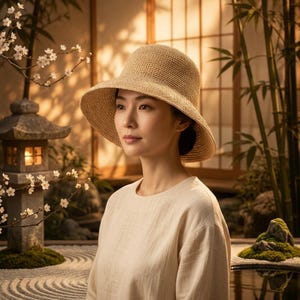 Pode incluir: Uma mulher usando um chapéu de sol bege com aba larga e uma camisa de manga comprida de cor clara. O chapéu é feito de palha tecida. O fundo apresenta um jardim japonês com uma lanterna de pedra e bambu.