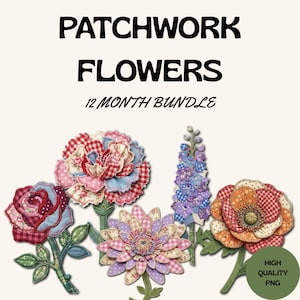 Pacchetto di immagini PNG di fiori di nascita in stile patchwork, applicazioni floreali con finto ricamo (download digitale)
