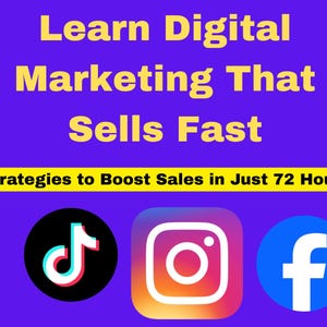 Könnte beinhalten: Lila Grafik mit Text: "Hören Sie auf zu scrollen! Lernen Sie digitales Marketing, das schnell verkauft." Enthält Social-Media-Symbole für TikTok, Instagram und Facebook. Text: "Strategien zur Umsatzsteigerung in nur 72 Stunden."