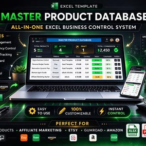Könnte beinhalten: Ein Laptop zeigt eine Excel-Vorlage mit dem Titel "Master Product Database". Das Bild zeigt Funktionen wie Produktverwaltung und Provisionsverfolgung. Ein Smartphone, Geld und eine Kaffeetasse sind ebenfalls zu sehen. Die Vorlage ist für digitale Produkte, Affiliate-Marketing, Etsy, Gumroad und Amazon konzipiert.